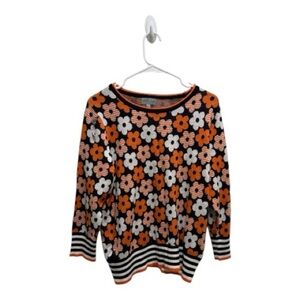 Joseph A. Floral Sweater Orange White Black Striped Hem Retro 60s Style Women’s